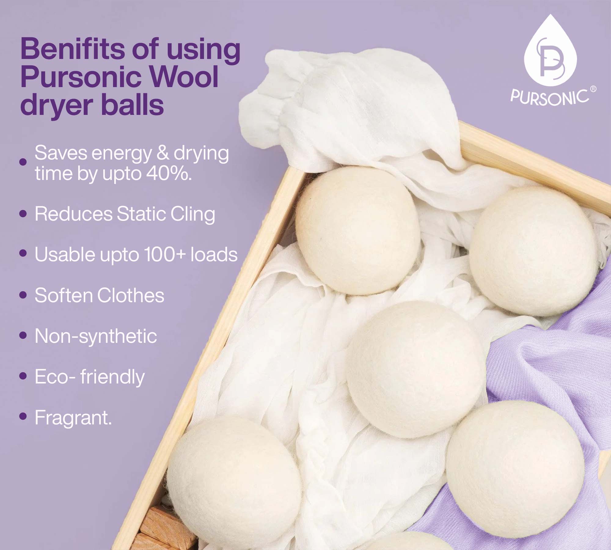 Pursonic Wool Dryer Balls Bundle - Reusable Laundry Balls Made from Pure New Zealand Wool - Includes Lavender & Peppermint Oils - Image 3
